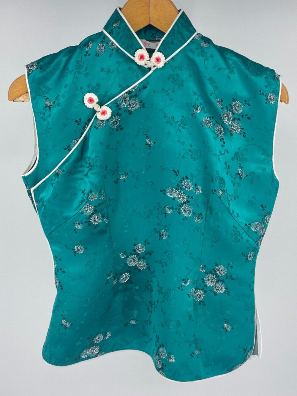 Teal Floral Satin Brocade Sleeveless Cheongsam Top S M
